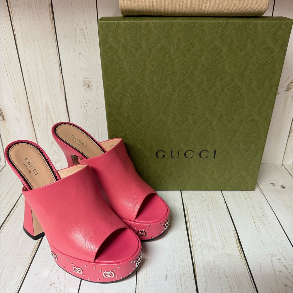 Gucci Malaga Kid Janaya Platform Leather Sandals Rhodamine Pink Sz 39.5 / 9.5 - Picture 2 of 16